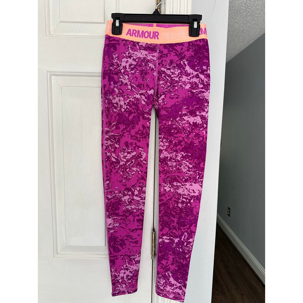 EUC Under Armour Leggings Youth Medium YMD Pink Camo Abstract Orange Band READ